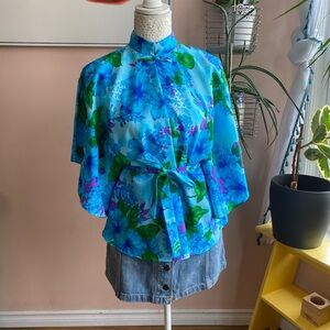 Vintage Blue Floral Kimono Blouse with Tie Waist